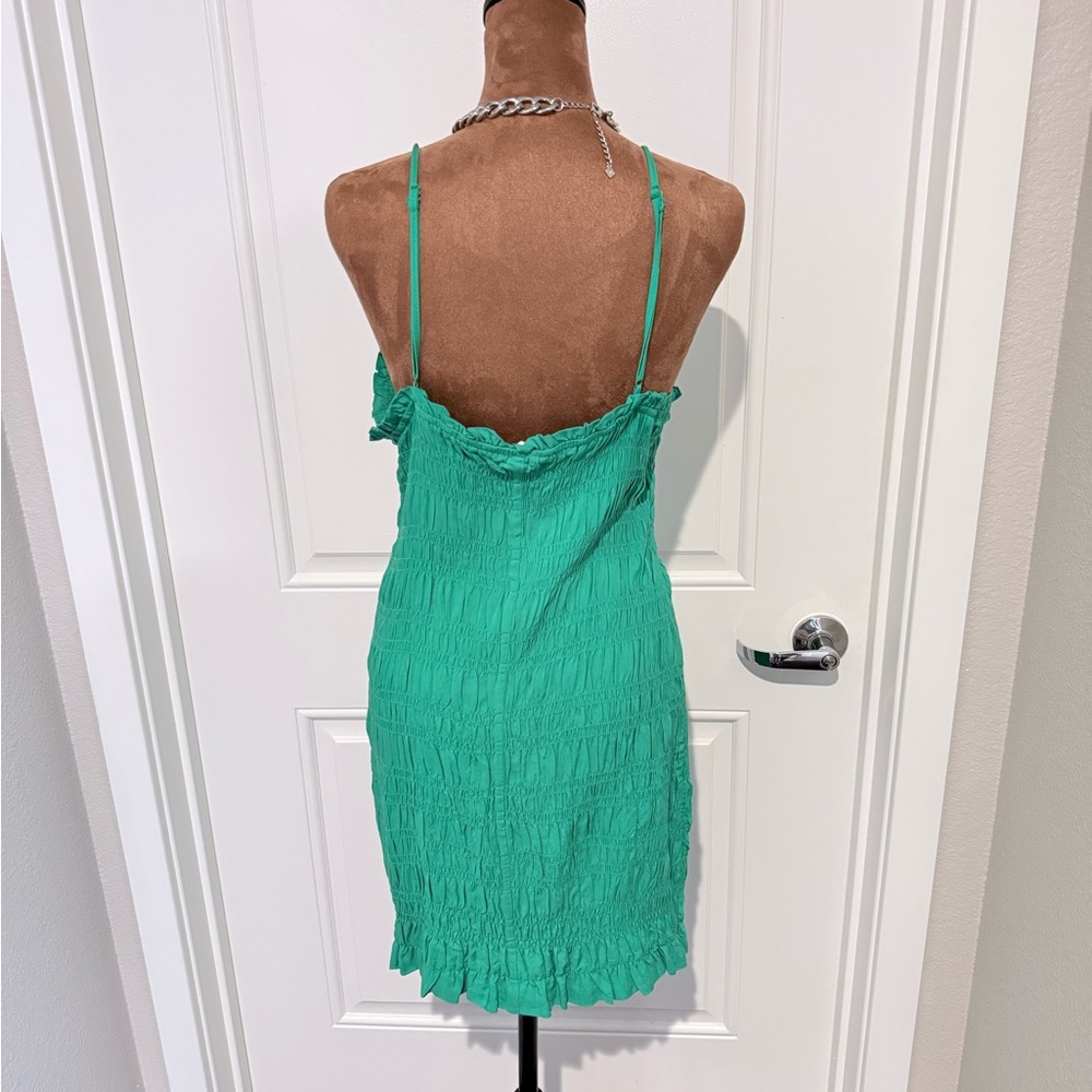 H&M Smocked Green Ruffle Strap Mini Dress Size L Summer - Picture 4 of 5